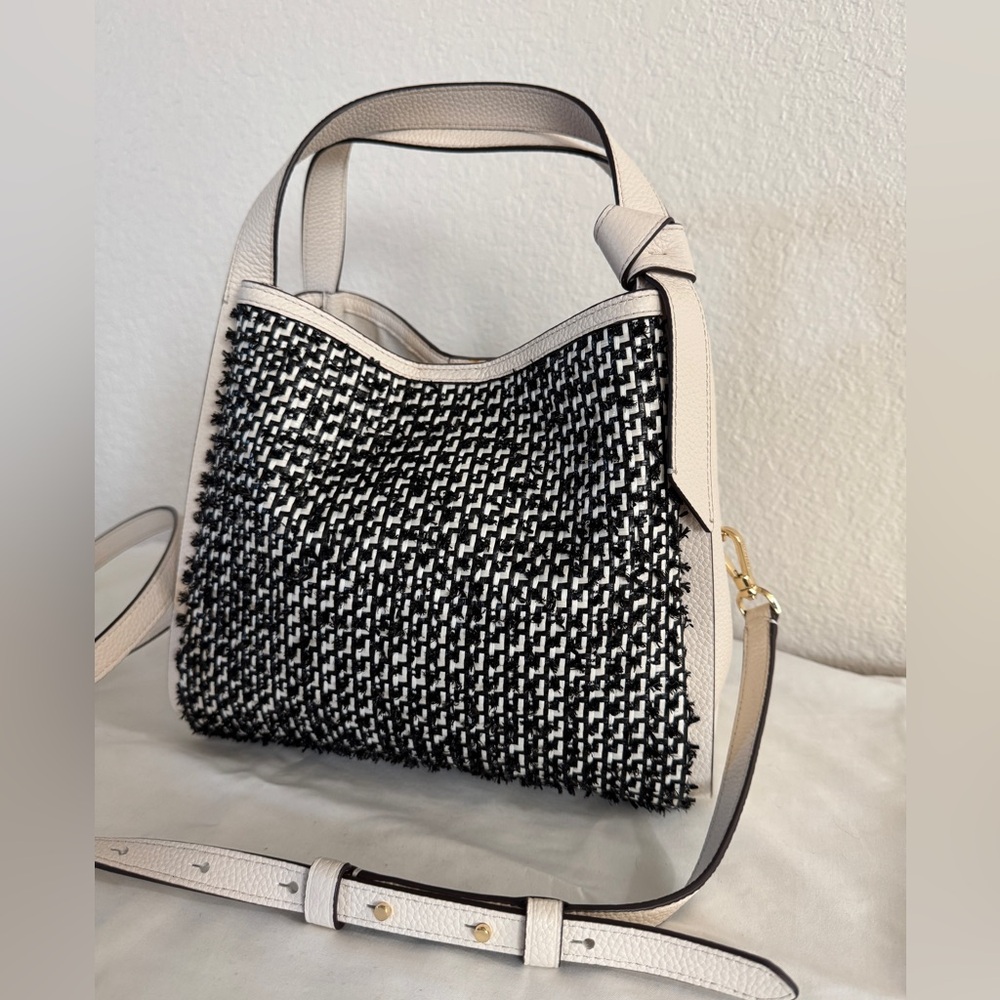 Kate Spade Knott Raffia Tweed Med, Crossbody Tote, Parchment & Black